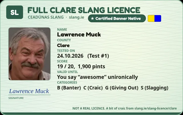 A sample Clare Slang Licence card made out to Lawrence Muck