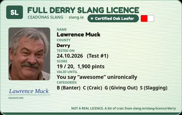 A sample Derry Slang Licence card made out to Lawrence Muck