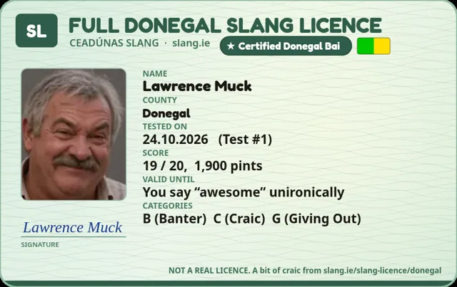 A sample Donegal Slang Licence card made out to Lawrence Muck