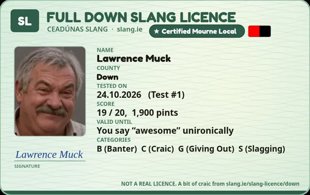 A sample Down Slang Licence card made out to Lawrence Muck