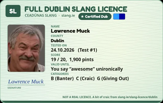 A sample Dublin Slang Licence card made out to Lawrence Muck