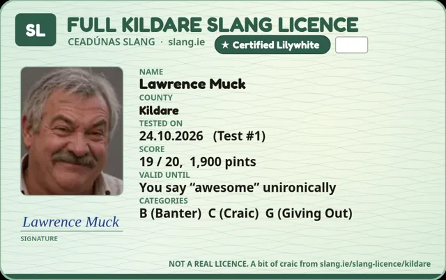 A sample Kildare Slang Licence card made out to Lawrence Muck