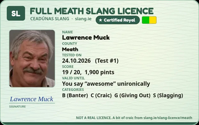 A sample Meath Slang Licence card made out to Lawrence Muck