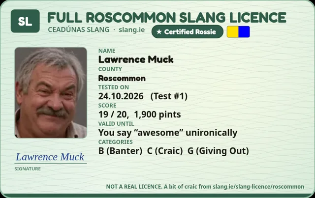 A sample Roscommon Slang Licence card made out to Lawrence Muck
