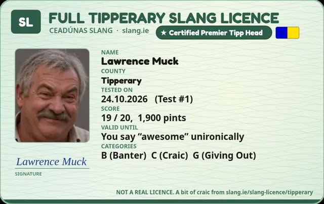 A sample Tipperary Slang Licence card made out to Lawrence Muck