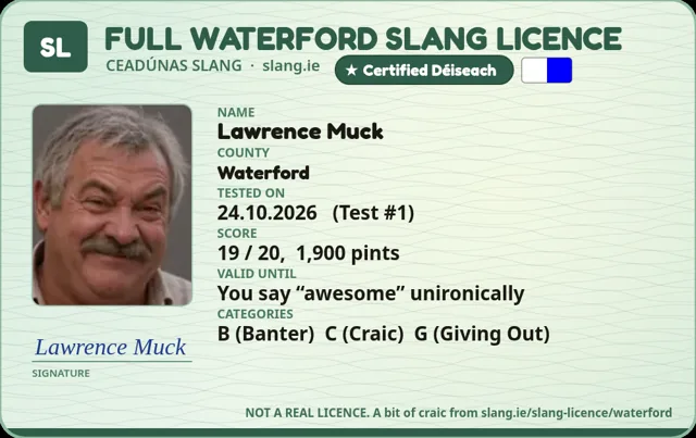 A sample Waterford Slang Licence card made out to Lawrence Muck