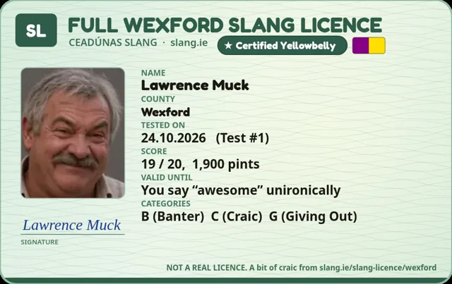 A sample Wexford Slang Licence card made out to Lawrence Muck
