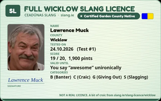 A sample Wicklow Slang Licence card made out to Lawrence Muck